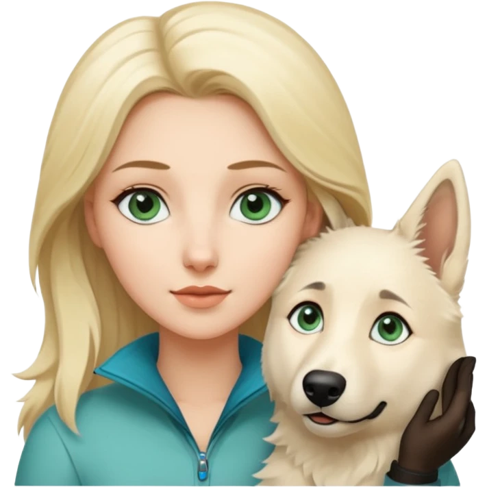 A white blonde Hair Woman with blue Green eyes with a White Shepard with a little bit beige in the fur in a lovely pose  emoji