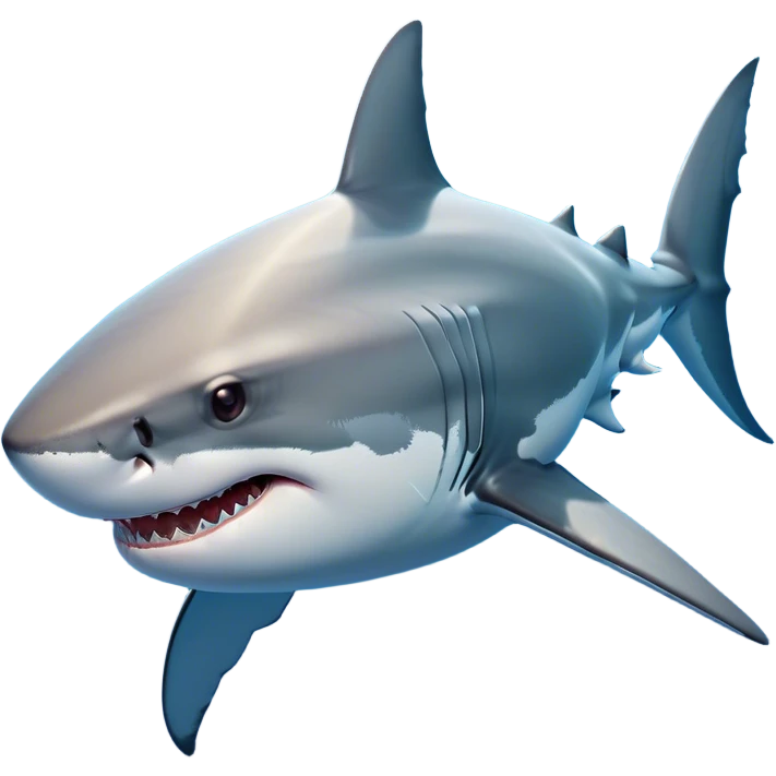 Beautiful and Majestic Great White Shark Portrait Emoji, Head and body resting peacefully with a serene, confident expression, showcasing its robust, torpedo-shaped form and a subtle, regal glint in its eyes, Simplified yet exquisitely endearing features, highly detailed, glowing with a soft, drowsy ocean light, high shine, relaxed and utterly majestic, stylized with an air of marine splendor, soft glowing outline, capturing the essence of a beautiful and majestic great white shark that feels destined to become the next viral icon of awe-inspiring ocean beauty! emoji