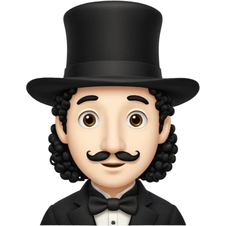 A man with a big nose and a black hat like a top hat but round and all black, with a strand of curly hair coming out from both sides of the hat, the strand of hair should be long and just 1 hair  emoji