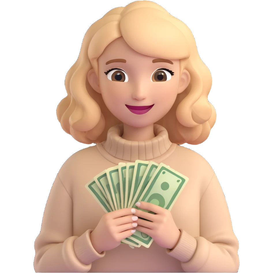 girl with rummy hair in beige sweater happy with money in hands emoji