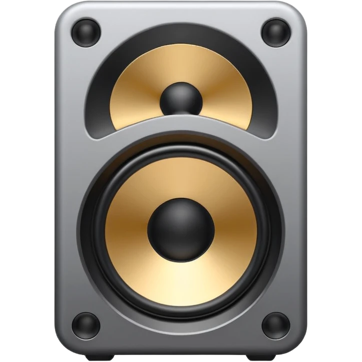 Minimal emoji icon of a modern metallic speaker, front view, detailed geometry, dark metallic body, subtle highlights, isolated emoji