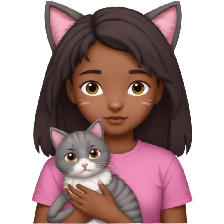 An Indian teenager girl with a pink t-shirt holding her gray cat with folded ears emoji