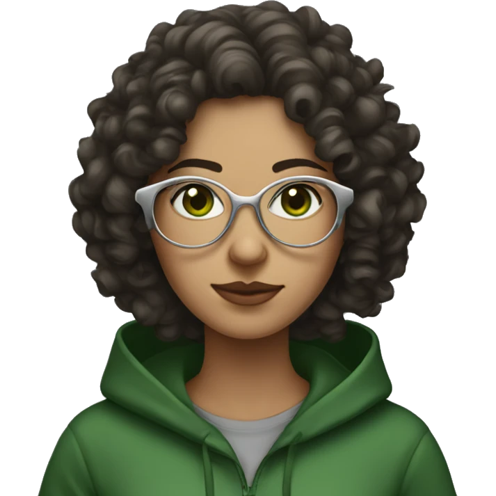 dark brown curly haired woman with dark green eyes and wearing a hoodie and wired silver glasses  emoji