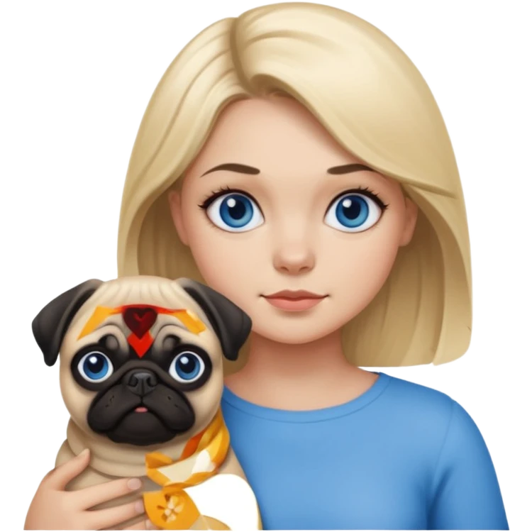 Blonde woman sitting with a tan pug with blue eyes and a black pug emoji