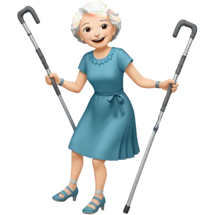 elderly woman with pants, short grey hair, laughing and dancing th crutches emoji