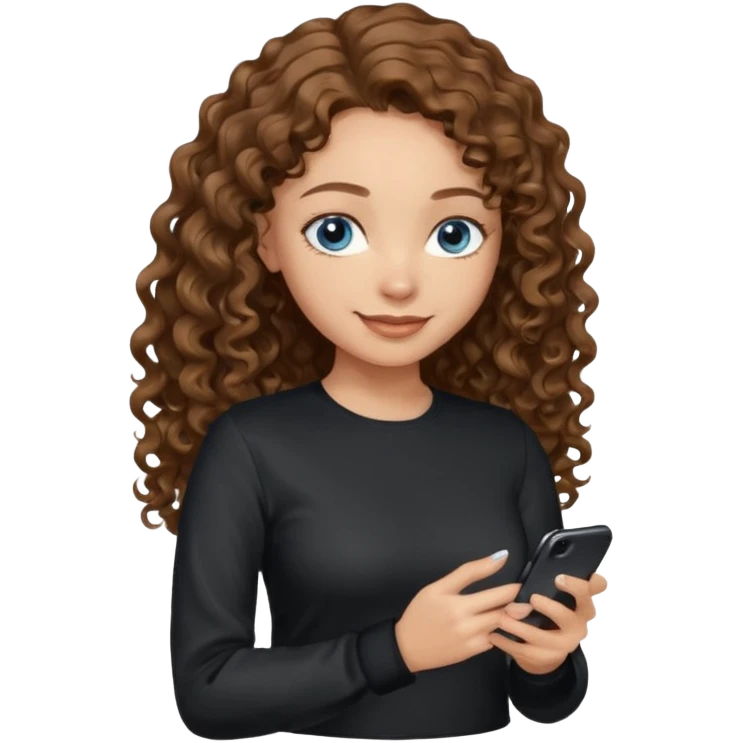 generate a pretty woman with blue eyes, light skin and medium brown long wavy/curly shiny hair holding a phone she is looking at the phone while looking down at the screen. she is wearing an ALL black long sleeve emoji