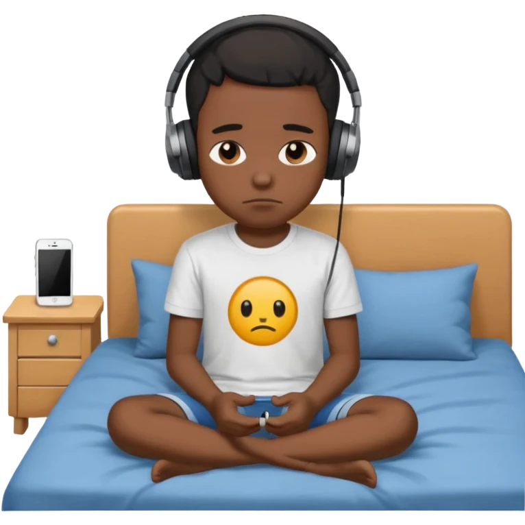 Sad black kid with headphones on sitting on a bed emoji