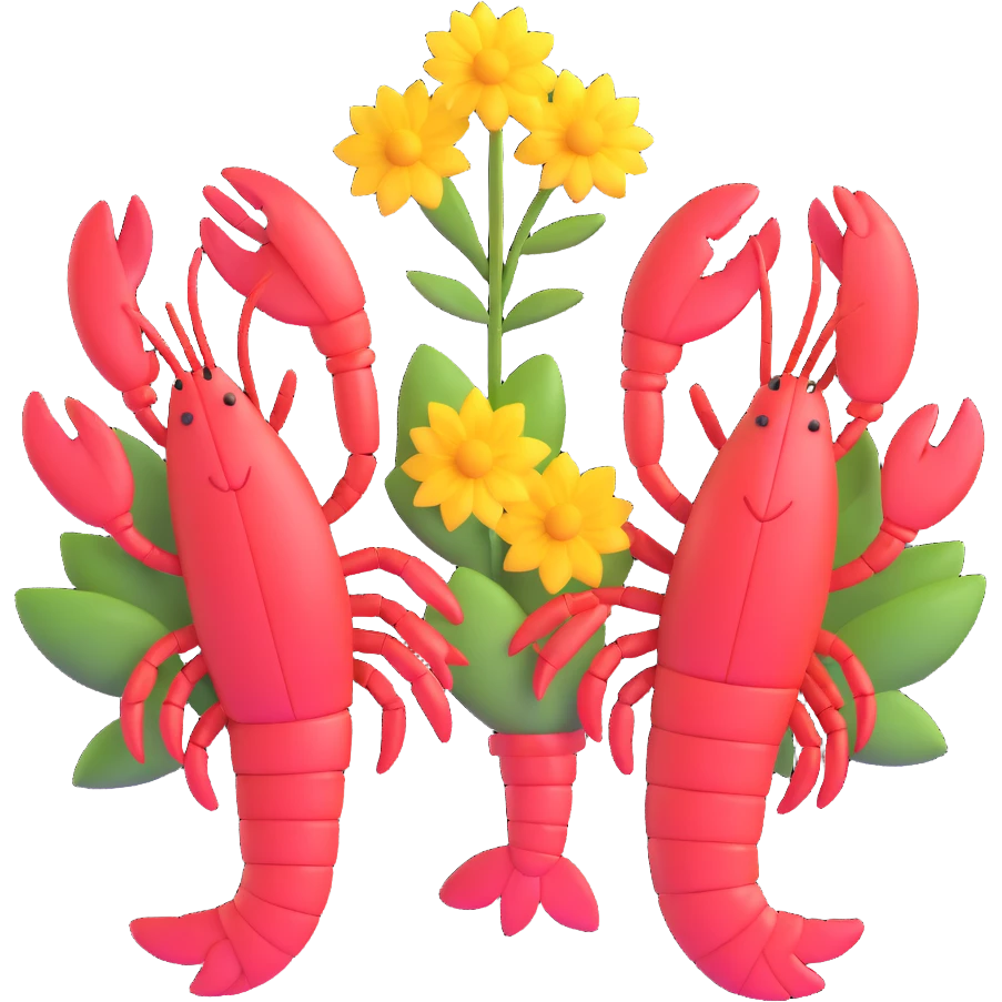 lobsters in love, one giving a flower to the other with hearts emoji
