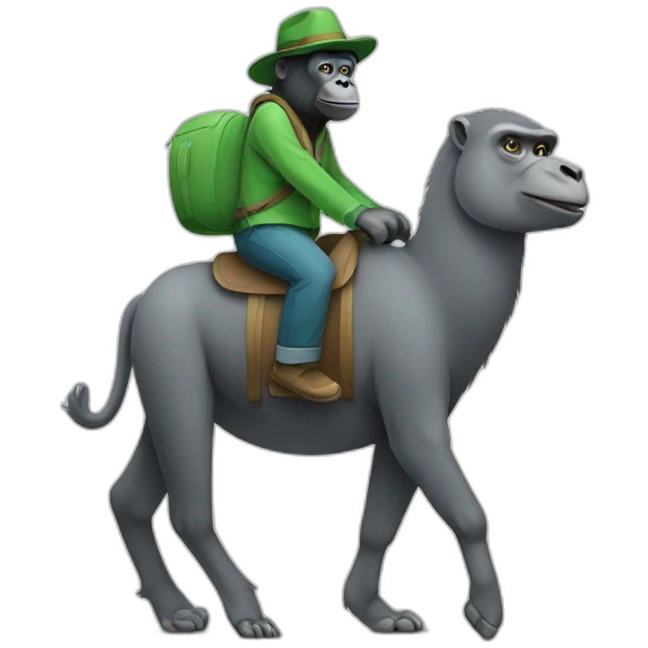 Gorilla riding a grey Llama wearing a green hat emoji