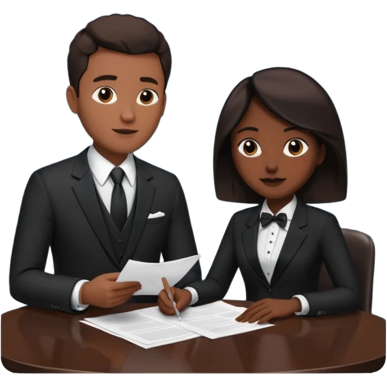 man in formal suit talking to woman in formal suit, they sit, papers in hands on the table emoji