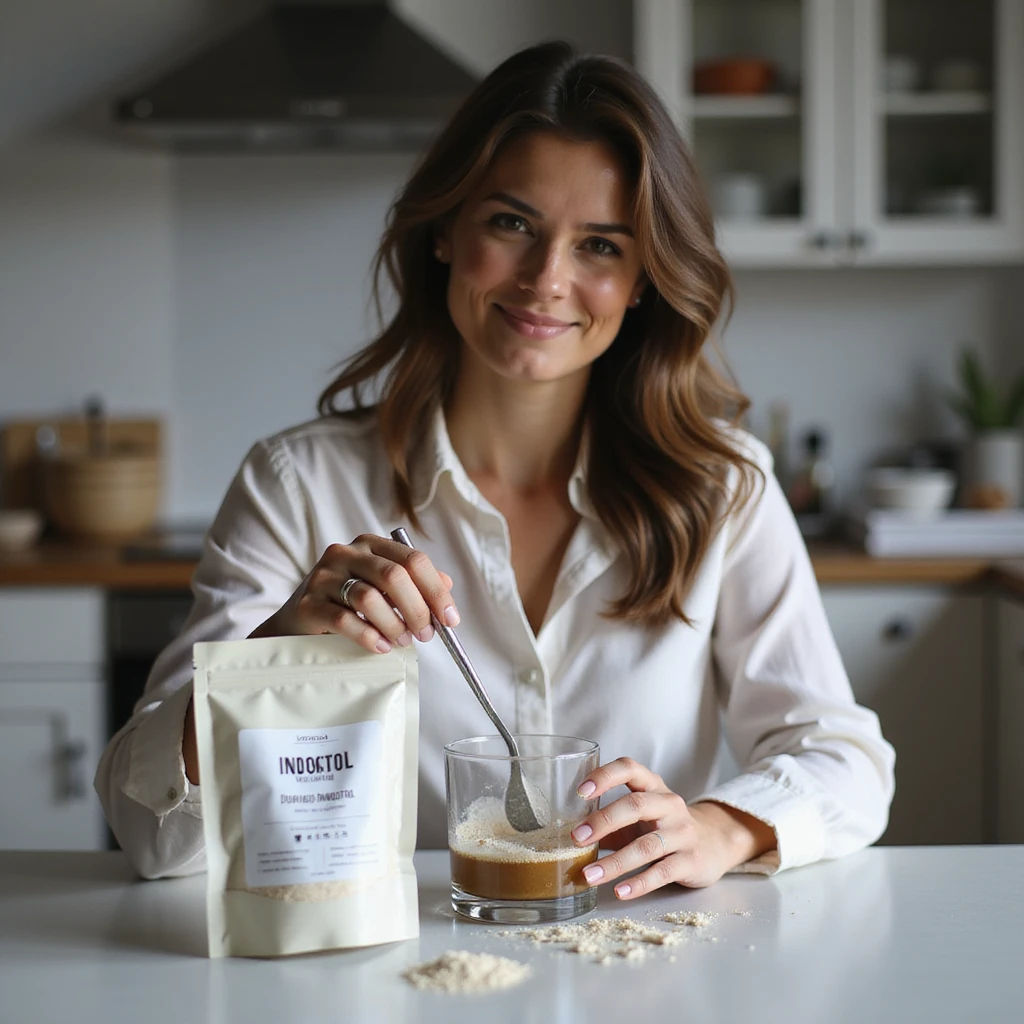realistic photograph of a woman in a modern domestic environment, with two packages of Myo-Inositol and D-chiro-Inositol in front of her, clearly readable labels, mixing powders in a glass, satisfied expression, natural light emoji