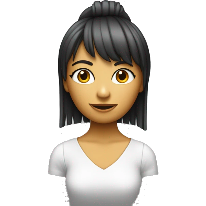Chica con flequillo partido a la mitad y pelo rubio oscuro y piel blanca con cara de cansada y una computadora apple  emoji