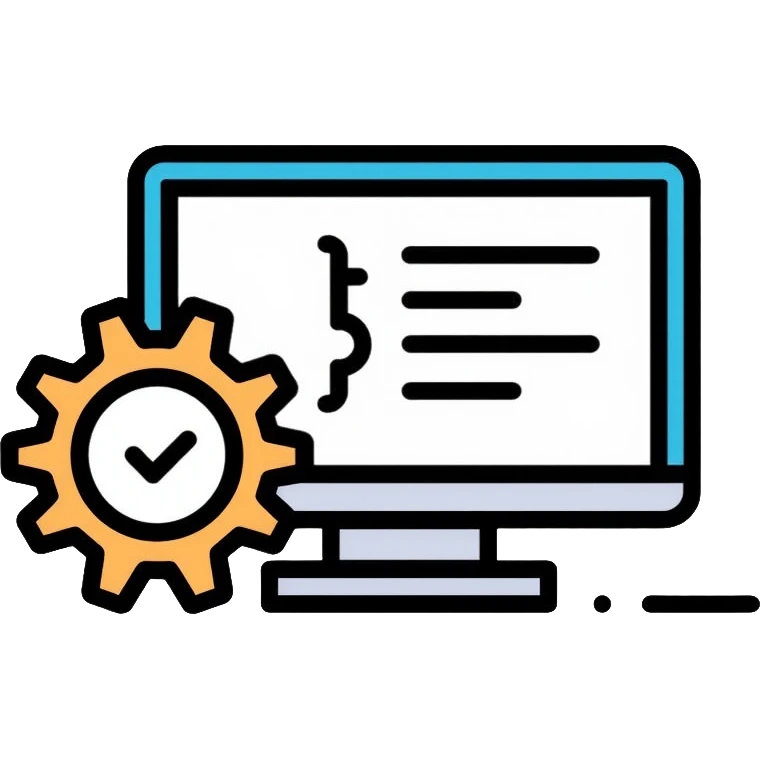 Software development icon with code brackets and gears emoji