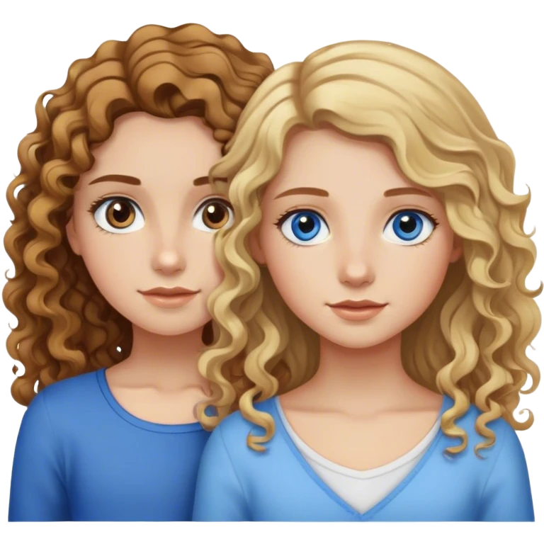 A girl with long brown wavy hair and hazel eyes next to a girl with shoulder-length curly blonde hair and blue eyes emoji