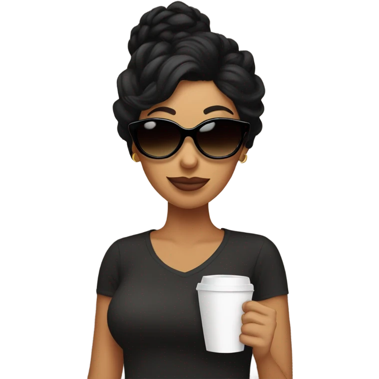 Mom with black hair messy bun, large coffee and black sunglasses  emoji