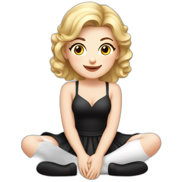 Front view curvy caucasian beauty sits on the floor straight hands up black skirt white stockings emoji