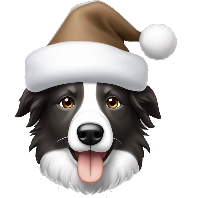 Bordercollie mit braunen und grauen stellen im weißen Gesicht. Spitze Ohren Ohren weis gesicht unterer Teil braun grau. Hat weihnachtsmütze auf  emoji