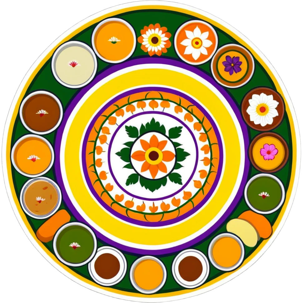 Onam celebration with pookalam flower rangoli and traditional malayali sadhya meal emoji
