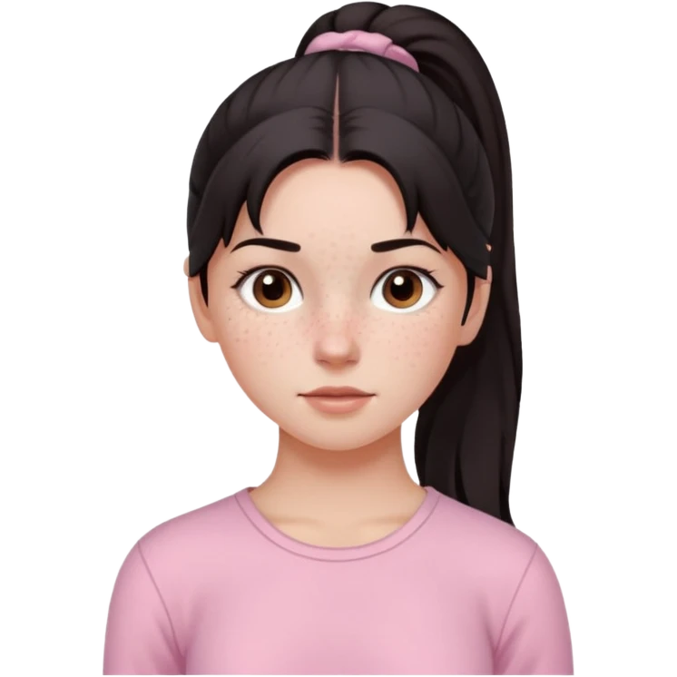 Девочка с длинными темными волосами в хвосте и веснушками в нежно розовом emoji