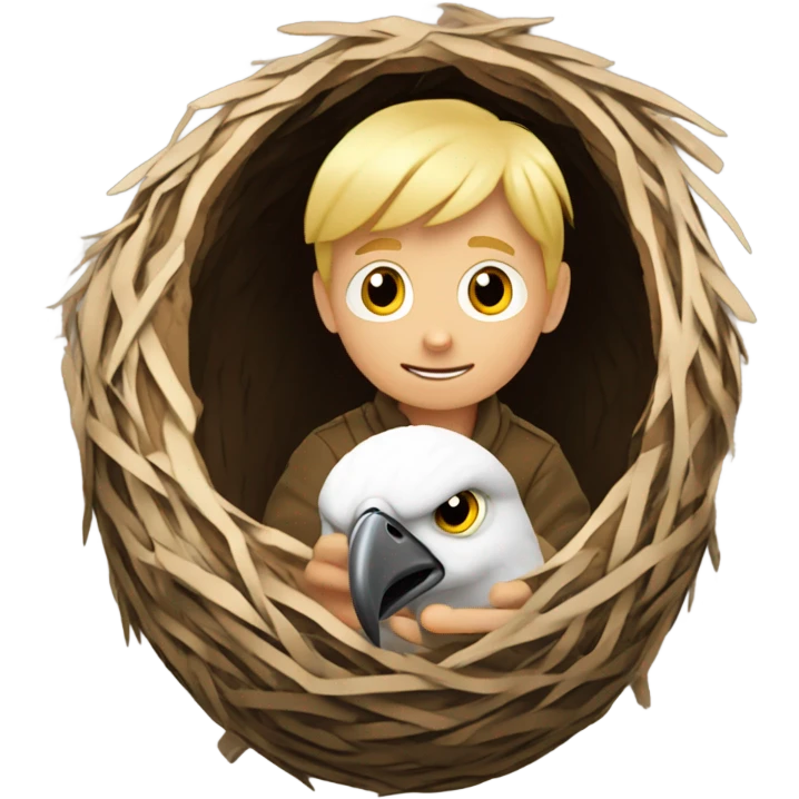 Blonde boy inside a nest eating an eagle egg, becoming an Eagler. emoji