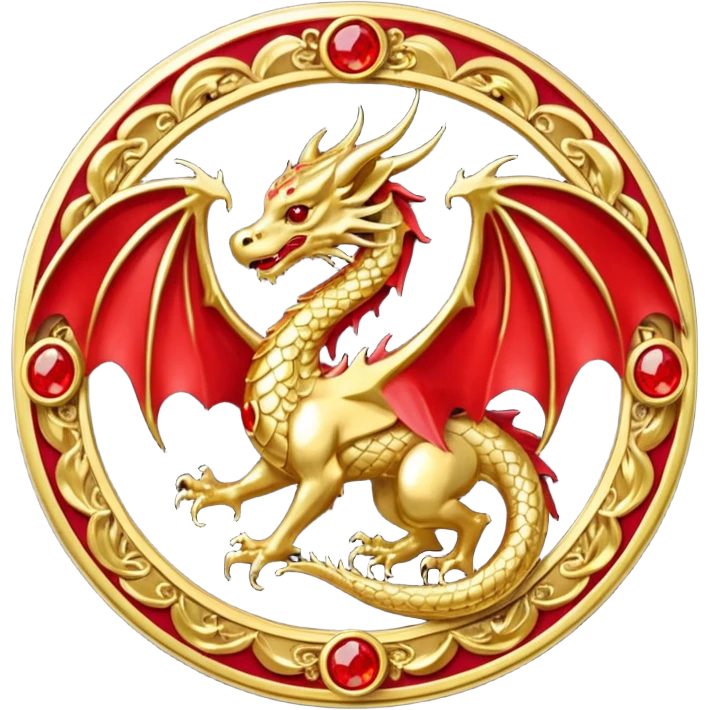 Golden Dragon with wings crest/brosch in a circle with red gems emoji