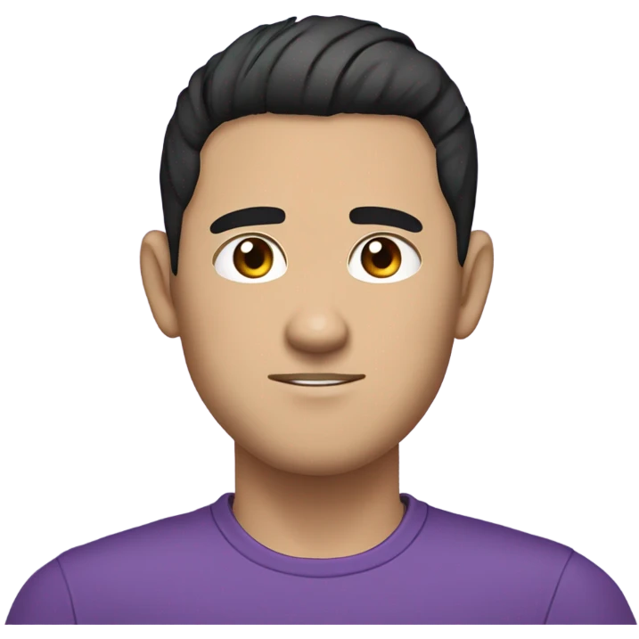 avatar in a cartoon or digital art style, representing a male character with short, modern black hair, a short beard, defined eyebrows, large expressive eyes, and wearing a purple shirt. The style resembles anime or cartoon illustrations. emoji