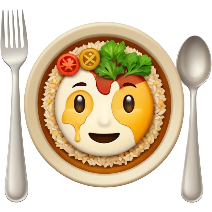  dirty plate after eating, leftover food scraps, vegetable pieces, rice grains, sauce stains on the plate, fork and spoon placed beside the plate, no face, no character, no human features, realistic food leftovers, clean and simple background, soft lighting, high quality, emoji style emoji