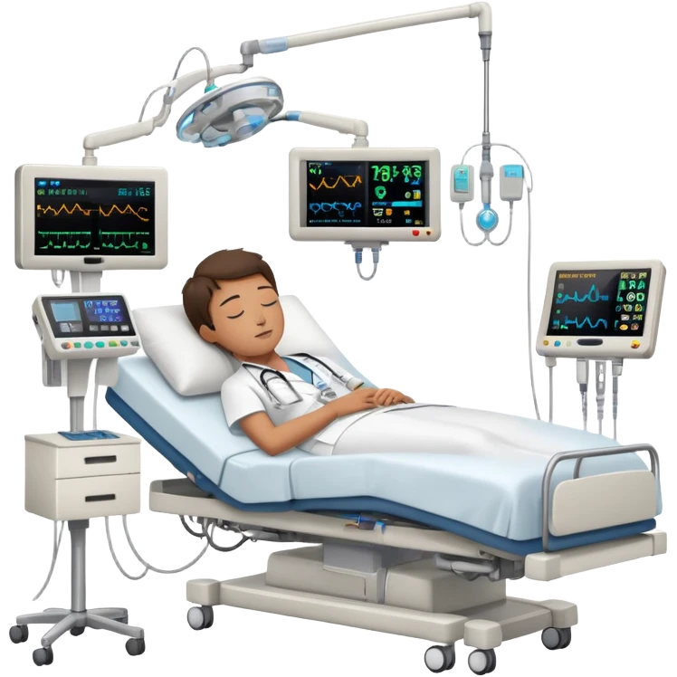 Hospital room with sleep study setup, hospital bed with sleeping patient, doctor in white coat, EEG machine, brain wave monitors, and hospital equipment emoji