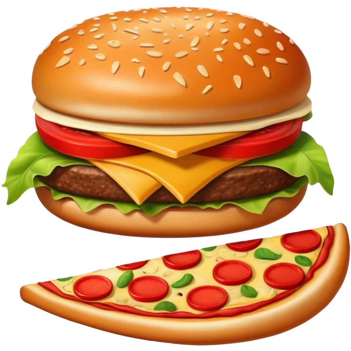 A fun fusion food emoji where a burger, pizza slice, french fries, and an apple are combined into one wacky fast food item emoji