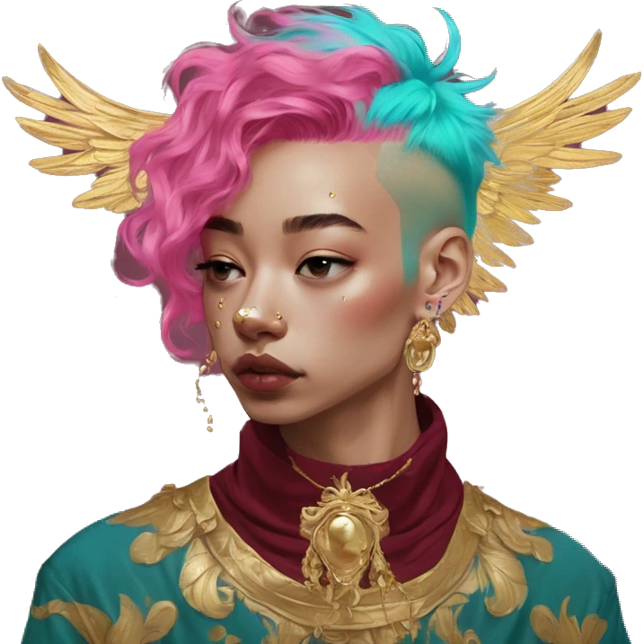 Vintage painting swirls gold jewellery baroque raven wings angel tropical Deep pink maroon burgundy cyan dark hoodie man vitiligo dyed hair gold piercings nose piercing ear piercings emoji