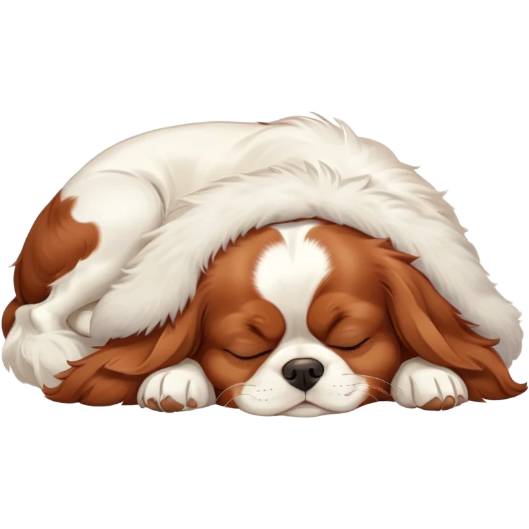 Cinematic Meme-Worthy Chubby Sleeping Cavalier King Charles Spaniel Portrait Emoji, Head resting peacefully with a contented smile, showcasing a delightfully chubby build and a luxuriously soft coat of chestnut and white, eyes shut in a serene nap, Simplified yet hilariously adorable features, highly detailed, glowing with a soft, drowsy light, high shine, relaxed and utterly lovable, stylized with an air of playful laziness, bright and heartwarming, soft glowing outline, capturing the essence of a comically sleepy Cavalier King Charles Spaniel, so meme-worthy it feels like it could instantly become the next viral sensation of adorable slumber! emoji
