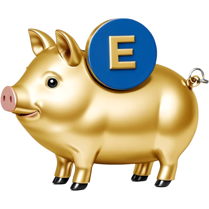 Ein stilisiertes Sparschwein, in das von oben eine Münze fällt. Daneben oder leicht dahinter ein kleines Schild, das Sicherheit symbolisiert. emoji
