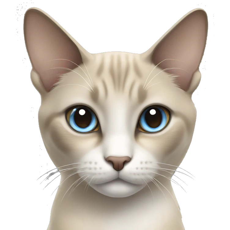 Thai breed cat with a light cream-brown body, dark gray face, ears, and paws. Short fur, sharp ears, and striking light blue eyes with an intense gaze. emoji