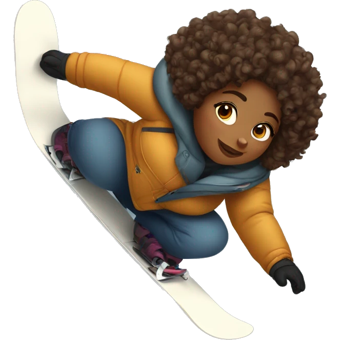 Plus size women with brown skin and curly hair snowboarding  emoji