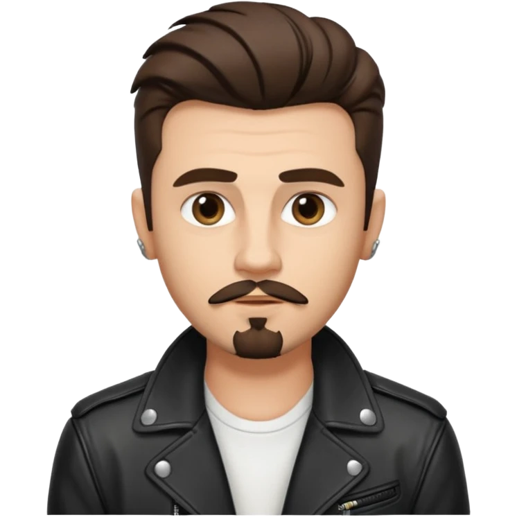 generate emoji style guy with slick James dean hair with front tendrils, mustache and goatee facial hair, wearing a white shirt and a black leather jacket , several silver piercings in ear, with dark brown hair and make eyes more almond shaped inspired by the image I shared emoji