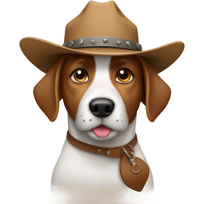 A white and brown dog with a cowboy hat  emoji