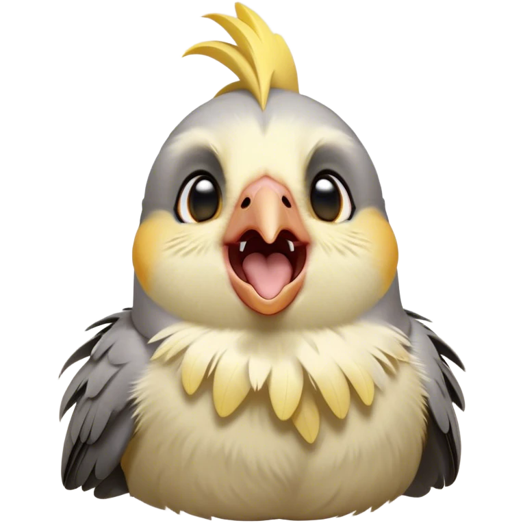 Cinematic Cute Yawning Cockatiel Portrait Emoji, Head tilted slightly with a dramatic, wide-open yawn, showcasing a soft grey fur with subtle yellow accents and gently drooping crest feathers, round dark eyes barely open in drowsy contentment, Simplified yet irresistibly adorable features, highly detailed, glowing with a soft, cozy glow, high shine, relaxed yet expressive, stylized with a touch of whimsy, bright and endearing, soft glowing outline, capturing the essence of a sleepy yet affectionate cockatiel, so drowsy it feels like it could stretch out of the screen and curl up for a nap! emoji