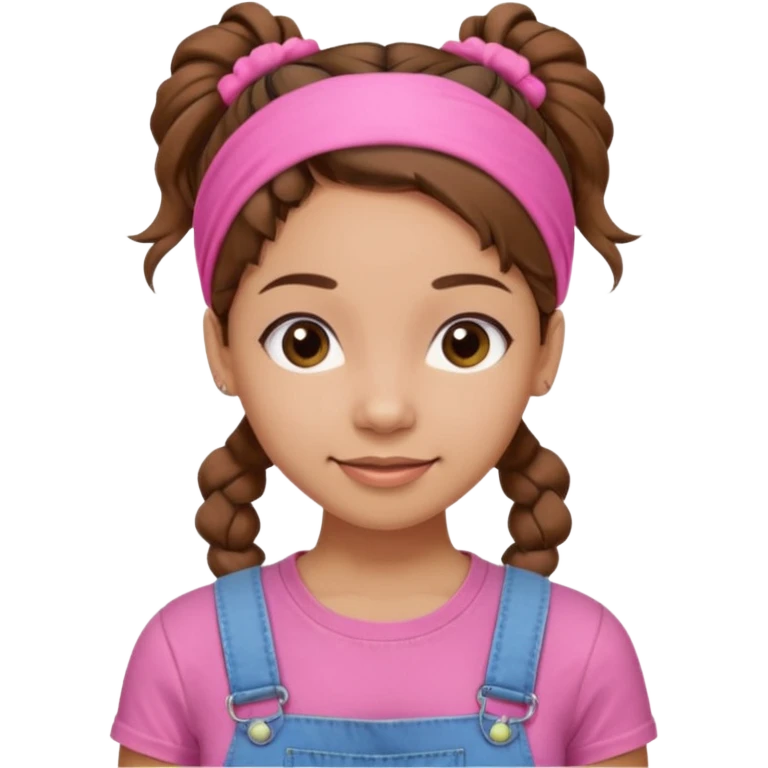 light skin woman with nice brown hair tied together in a one hairtie, wearing a pink t-shirt, demin overalls and pink wraparound hairband. expression is friendly, warm and enthusiastic.  emoji