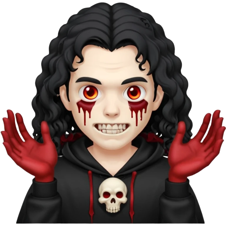 Vampire wearing a black hoodie with a skull logo on it, long curly hair that covers the forehead, fanged teeth and blood on hands emoji