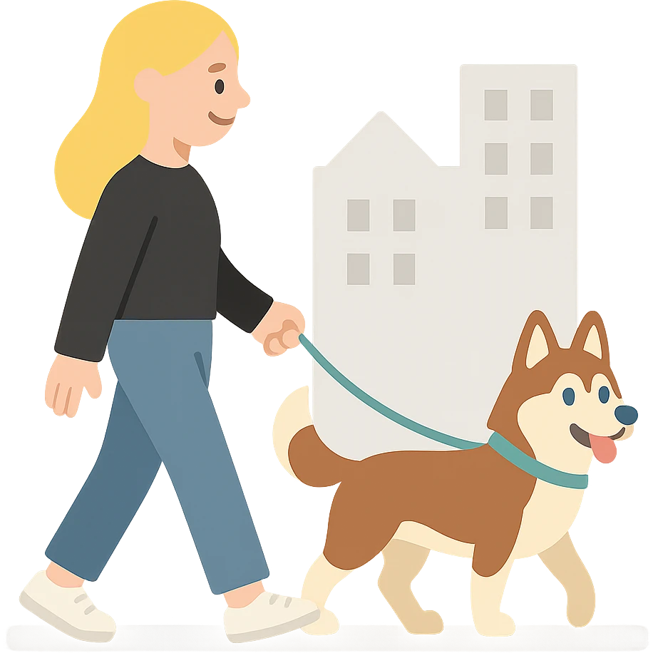 Cute Blonde woman wearing a black sweater and jeans and white sneakers walking a happy red-brown blue-eyed Siberian husky in New York City on an upper east side city sidewalk  emoji