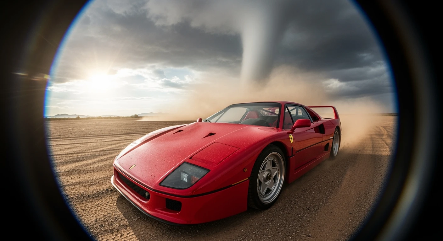 Cinematic still of a ferrari f40 around tornado od arizona desert, sun flare, captured by gopro hero with effect fisheye, water drops on car body, detailed emoji