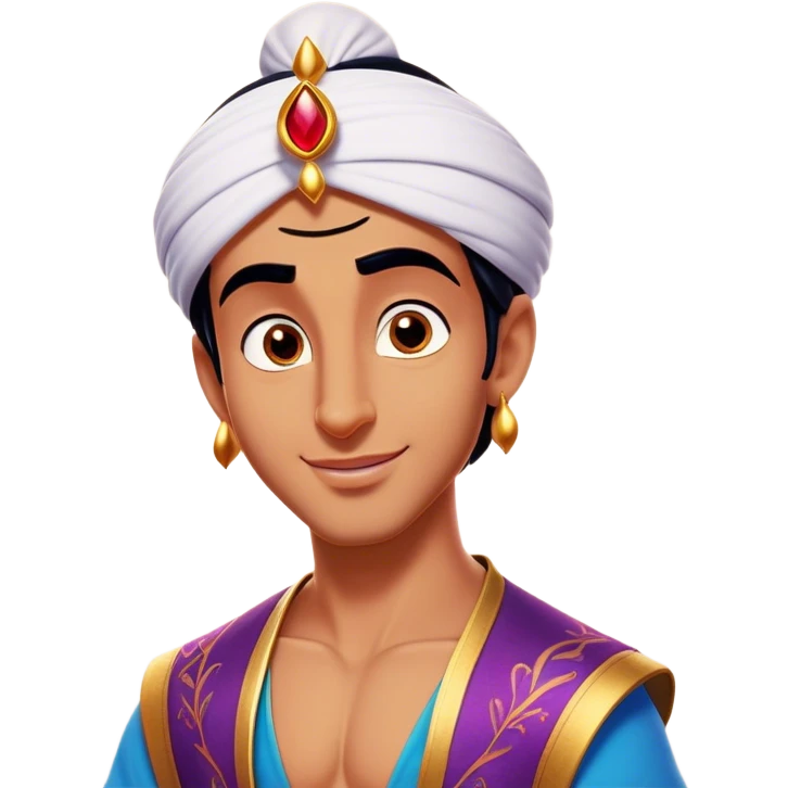 Cinematic Realistic Aladdin Portrait, head tilted playfully and inquisitively, showcasing his roguish charm and bright, mischievous eyes. His signature attire is rendered in exquisite detail with dynamic natural highlights, and a hint of magic sparkles about him—embodying a youthful, adventurous energy with friendly power. emoji