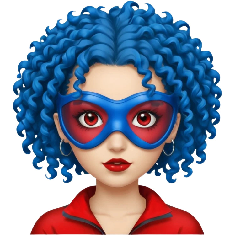 blue curly haired girl with huge earrings, wearing red paintball eye mask , only face  emoji