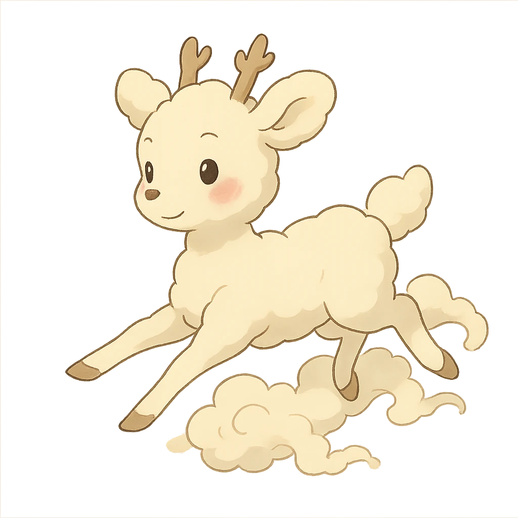 soft vanilla cloud doe with rosy cheeks, floating gracefully like a witch, ghibli style emoji
