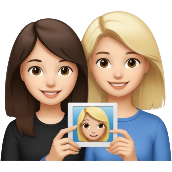 a brunette girl and a blonde girl smiling in polaroid picture emoji