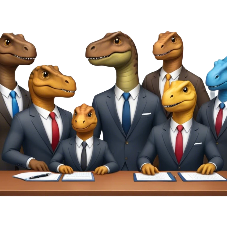 different office dinosaurs in suits sitting along the conference table emoji