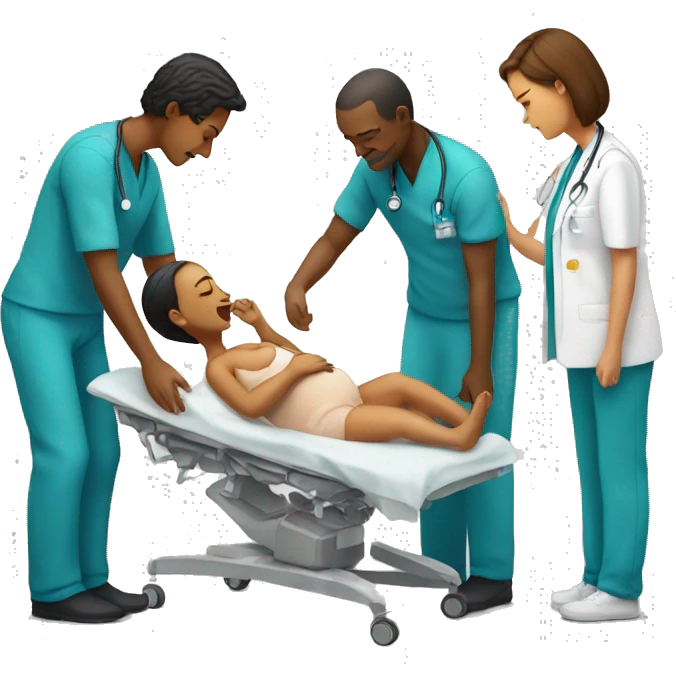 a woman gives birth and doctors stand nearby emoji