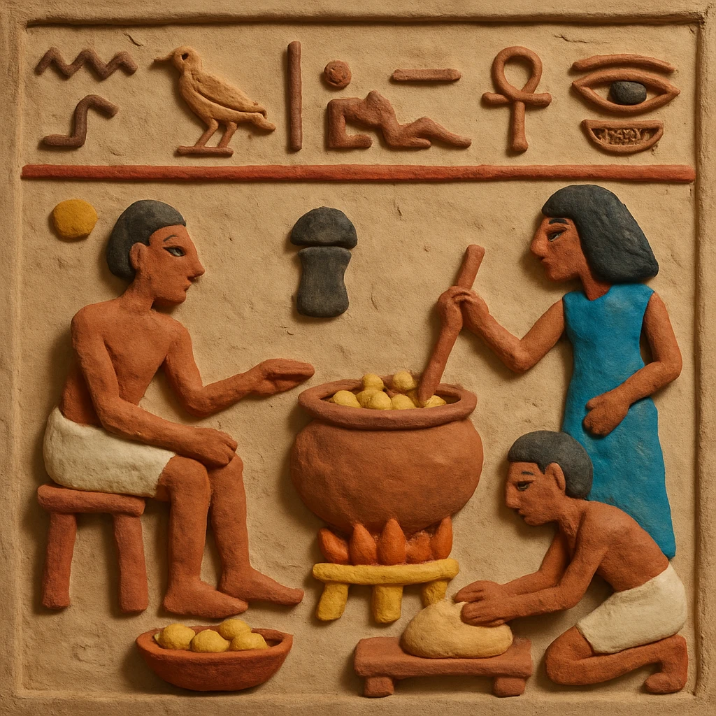 ancient Egyptian cooking scene in hieroglyphic style emoji