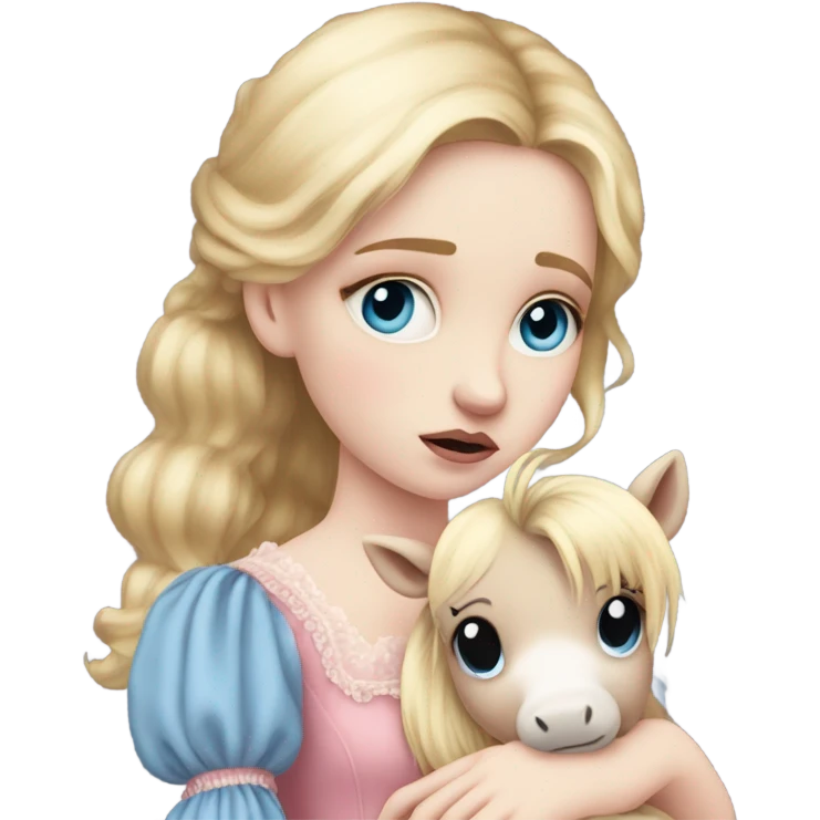 Blonde, pale skin, blue eyes girl wearing a pink dress cuddling her pony stuffed animal. She is from the Victorian era. She is sad and has tears in her eyes emoji