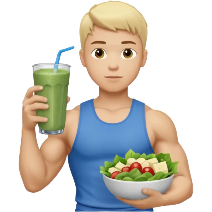 A young male person with a muscular, well-defined build. He has short blonde hair, a light skin tone, and a neutral facial expression. He wears blue cloth. He is holding a salad in one hand and a protein shake in the other. emoji